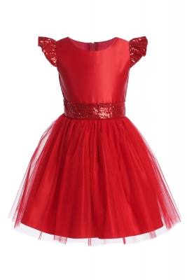 Red Sequin Flutter Sleeve Dress with Satin Bodice